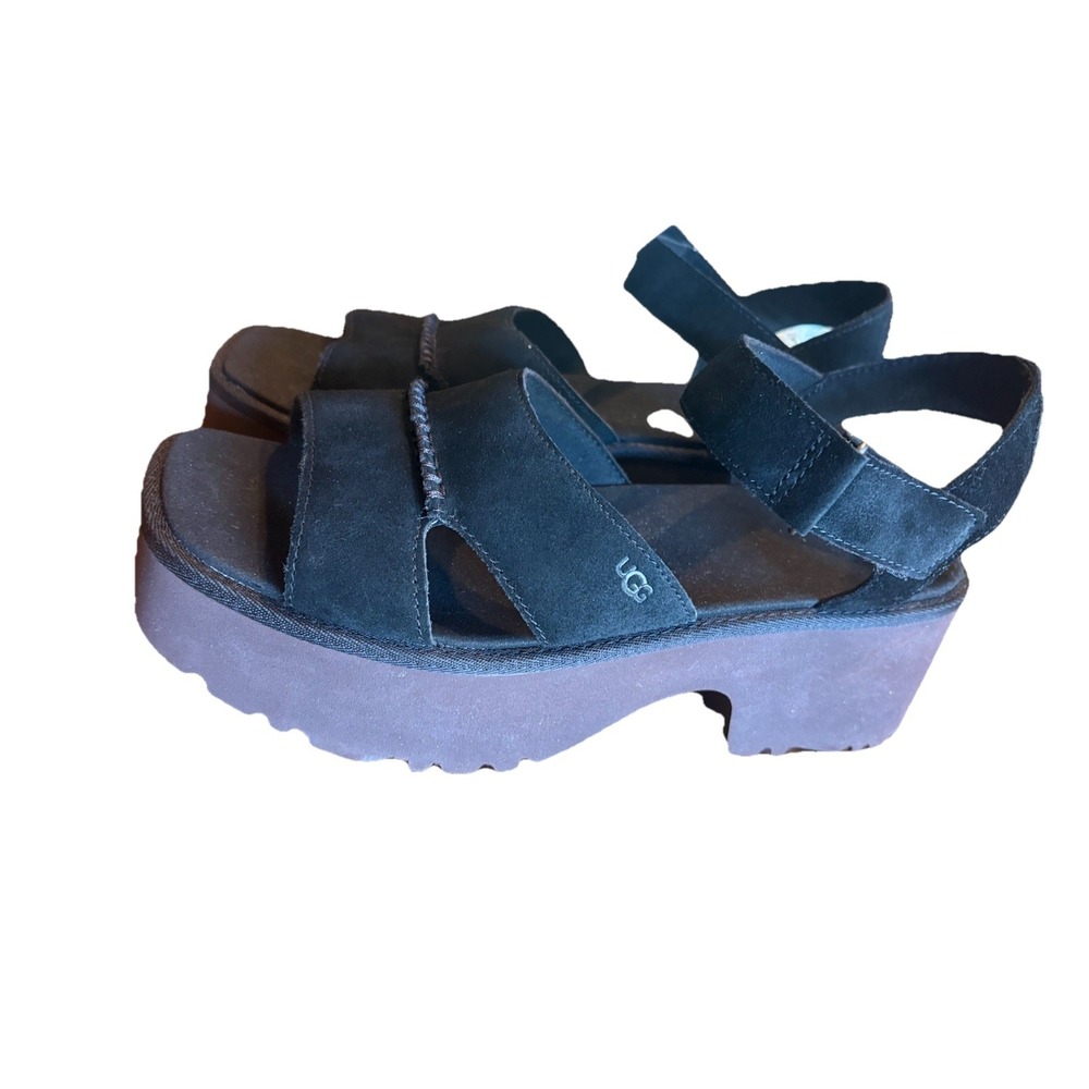 UGG Women's Black Suede Strappy Block Heel Sandals Hook & Loop Size 12